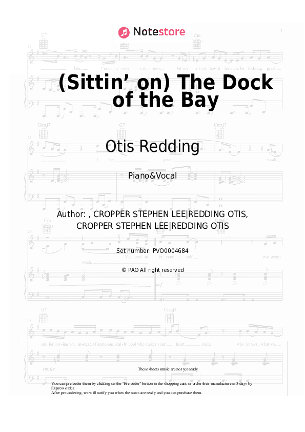 (Sittin’ on) The Dock of the Bay - Otis Redding Piano Sheet Music with the Voice part - Piano&Vocal