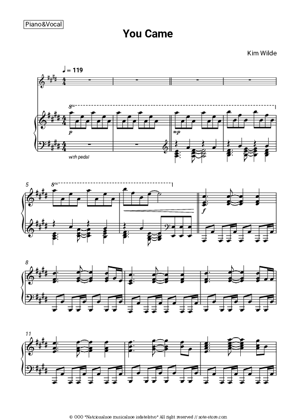 You Came - Kim Wilde Piano Sheet Music with the Voice part - Piano&Vocal