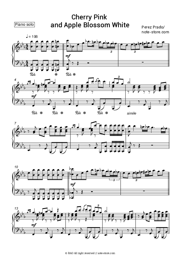 Cherry Pink and Apple Blossom White - Perez Prado Piano Sheet Music - Piano.Solo