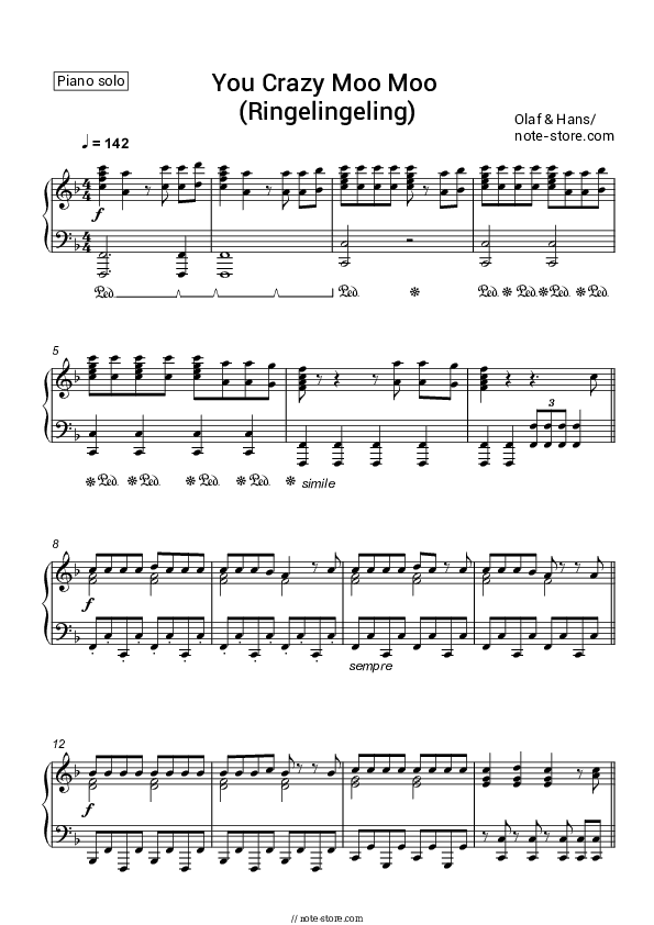 You Crazy Moo Moo (Ringelingeling) - Olaf & Hans Piano Sheet Music - Piano.Solo