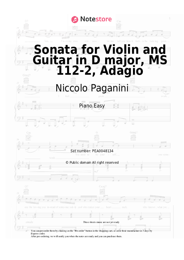 Sonata for Violin and Guitar in D major, MS 112-2, Adagio - Niccolo Paganini Piano Sheet Music Easy - Piano.Easy