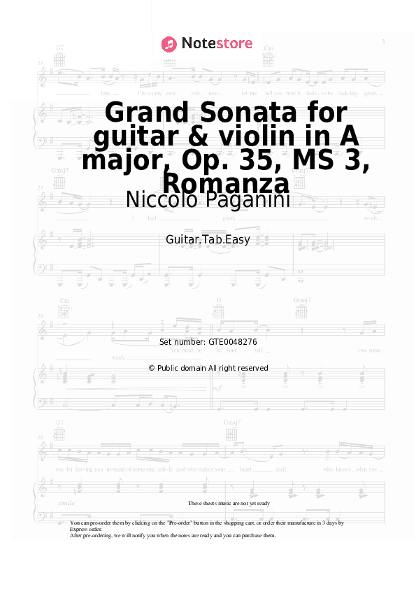Grand Sonata for guitar & violin in A major, Op. 35, MS 3, Romanza - Niccolo Paganini Tabs Easy - Guitar.Tab.Easy