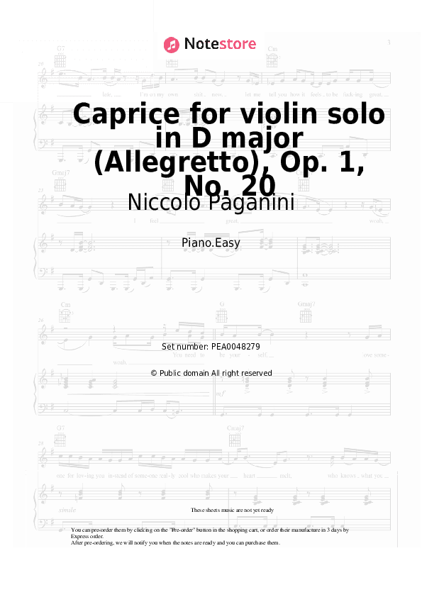 Caprice for violin solo in D major (Allegretto), Op. 1, No. 20 - Niccolo Paganini Piano Sheet Music Easy - Piano.Easy