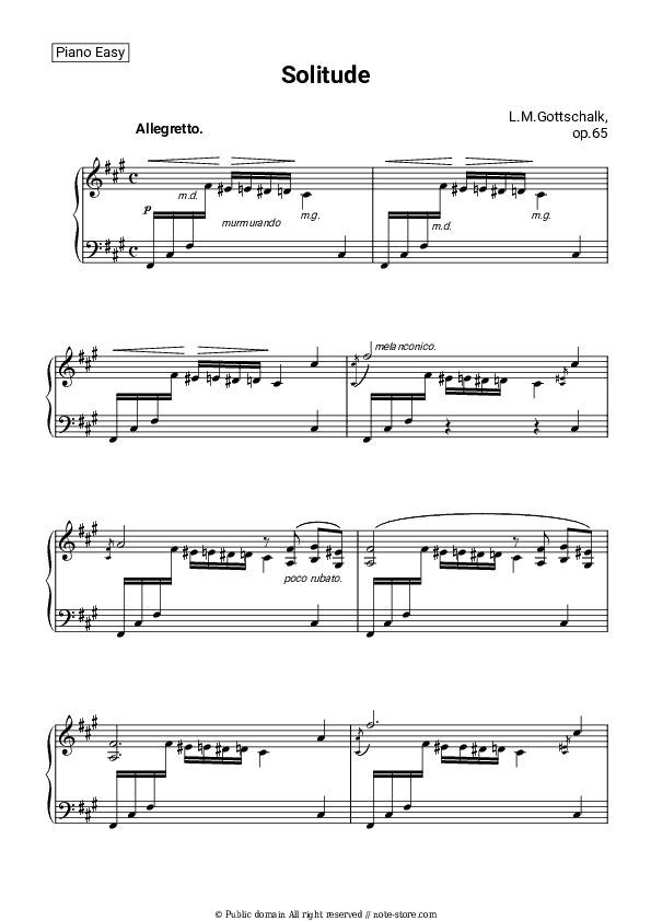 Solitude, Op.65 - Louis Gottschalk Piano Sheet Music Easy - Piano.Easy
