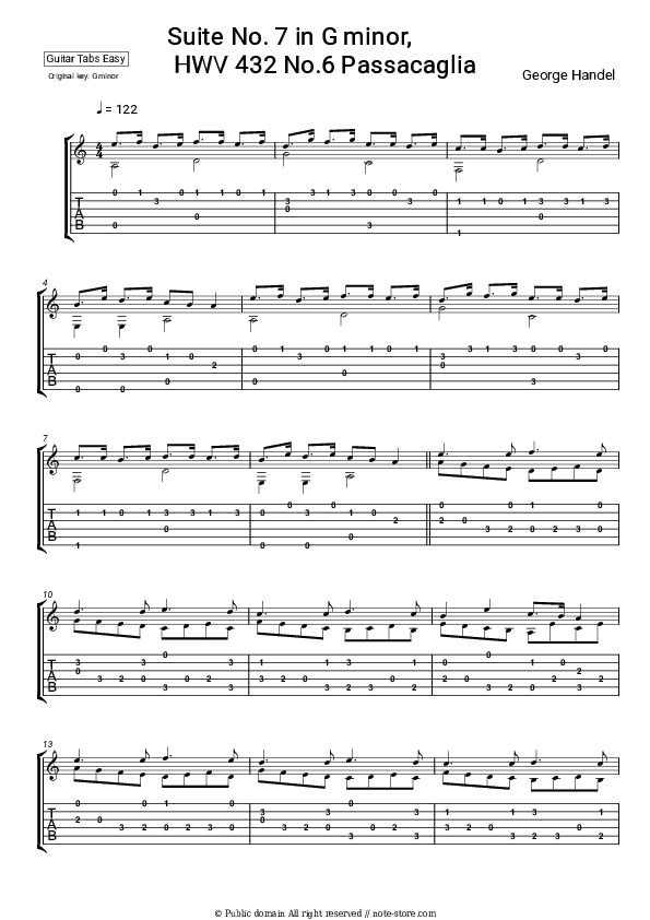 Suite No. 7 in G minor, HWV 432: No.6 Passacaglia - George Handel Tabs Easy - Guitar.Tab.Easy