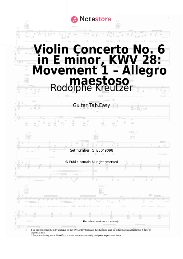 Violin Concerto No. 6 in E minor, KWV 28: Movement 1 – Allegro maestoso - Rodolphe Kreutzer Tabs Easy - Guitar.Tab.Easy