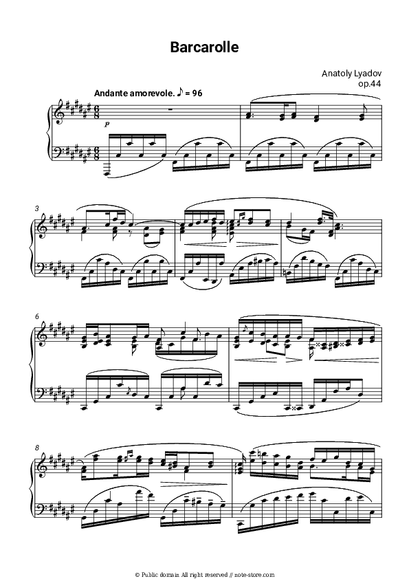 Barcarolle, Op.44 - Anatoly Lyadov Piano Sheet Music - Piano.Solo