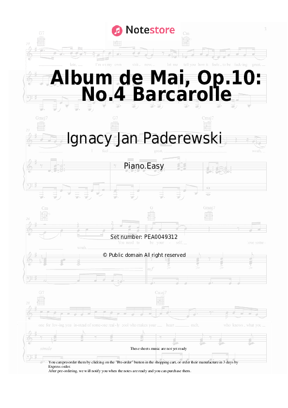 Album de Mai, Op.10: No.4 Barcarolle - Ignacy Jan Paderewski Piano Sheet Music Easy - Piano.Easy