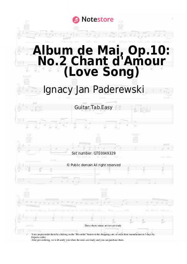 Album de Mai, Op.10: No.2 Chant d'Amour (Love Song) - Ignacy Jan Paderewski Tabs Easy - Guitar.Tab.Easy