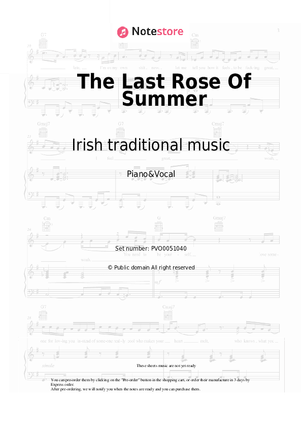 The Last Rose Of Summer - Irish traditional music Piano Sheet Music with the Voice part - Piano&Vocal