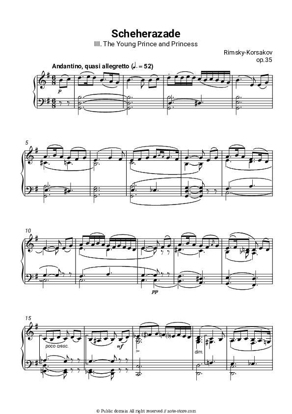 Scheherazade, Op. 35: III. The Young Prince and Princess - Rimsky-Korsakov Piano Sheet Music - Piano.Solo