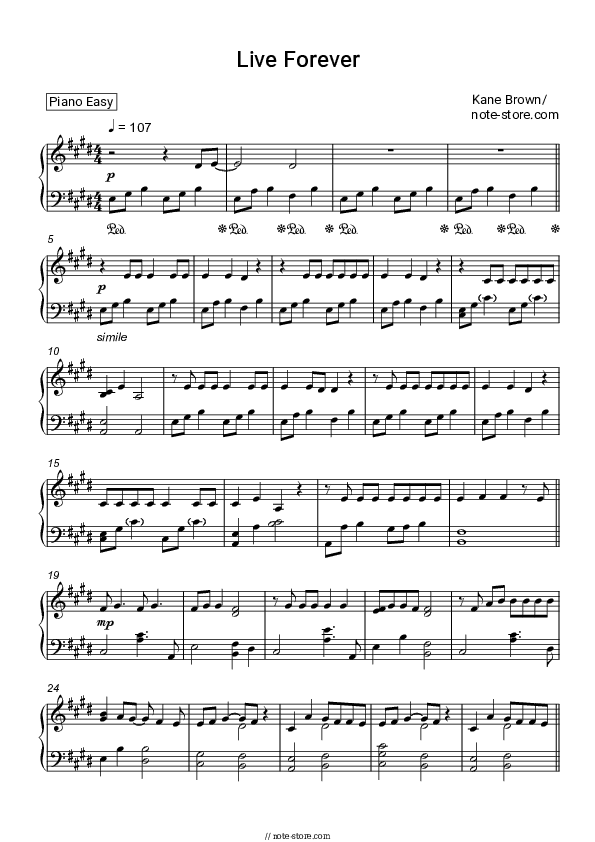 Live Forever - Kane Brown Piano Sheet Music Easy - Piano.Easy