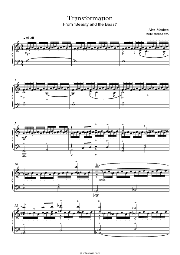 Transformations - Alan Menken Piano Sheet Music - Piano.Solo