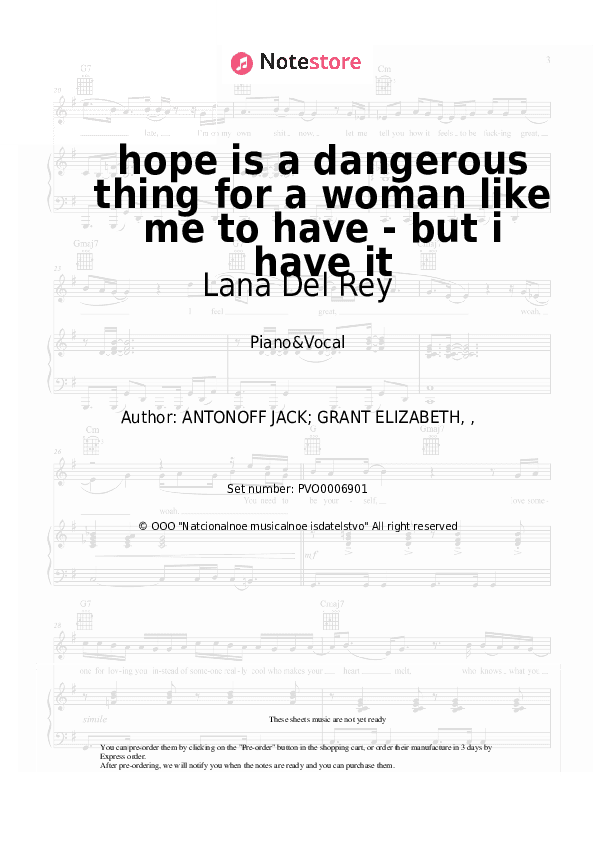hope is a dangerous thing for a woman like me to have - but i have it - Lana Del Rey Piano Sheet Music with the Voice part - Piano&Vocal