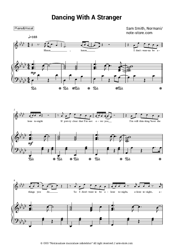 Dancing With A Stranger - Sam Smith, Normani Piano Sheet Music with the Voice part - Piano&Vocal