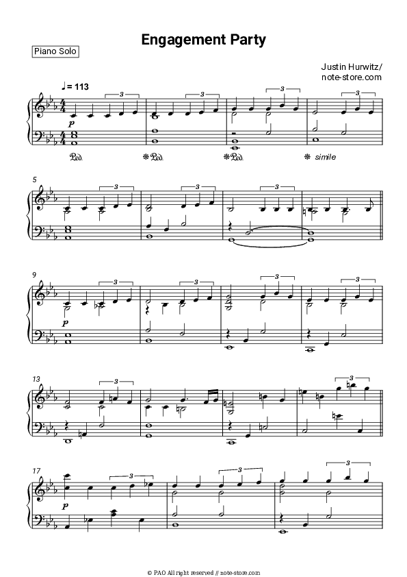 Engagement Party - Justin Hurwitz Piano Sheet Music - Piano.Solo