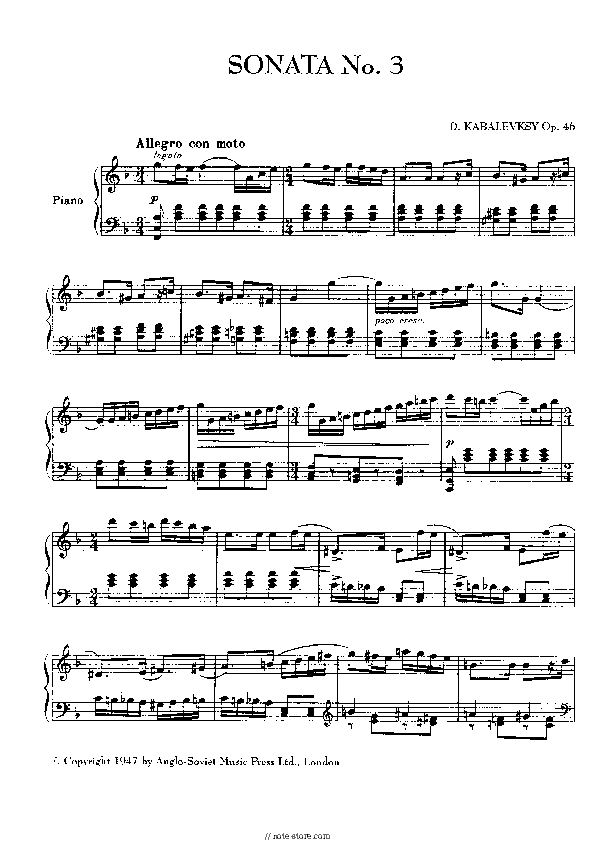 Piano Sonata No. 3 in F Major, Op. 46 - Dmitry Kabalevsky Piano Sheet Music - Piano.Solo