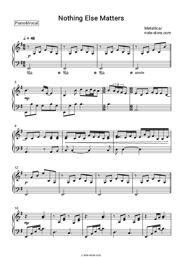 Nothing Else Matters - Metallica Piano Sheet Music with the Voice part - Piano&Vocal