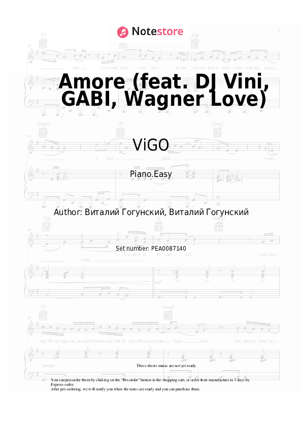 Amore (feat. DJ Vini, GABI, Wagner Love) - ViGO Piano Sheet Music Easy - Piano.Easy