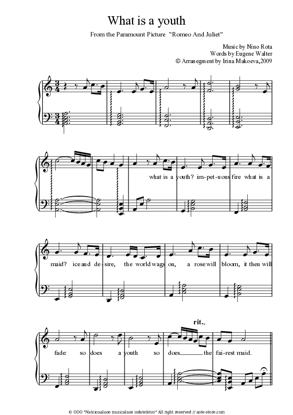 What is a youth - Nino Rota Piano Sheet Music with the Voice part - Piano&Vocal