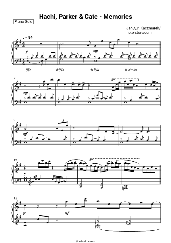 Hachi, Parker, Cate and Memories - Jan Kaczmarek Piano Sheet Music - Piano.Solo