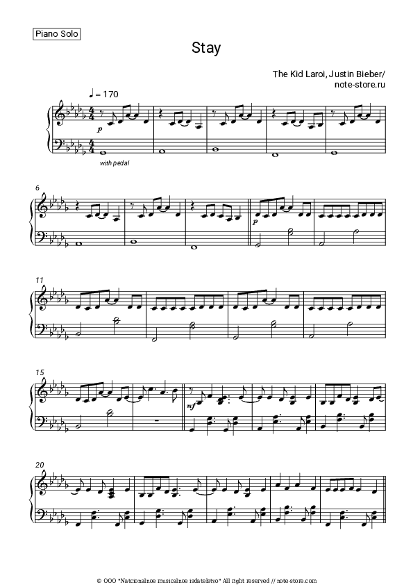 STAY - The Kid Laroi, Justin Bieber Piano Sheet Music - Piano.Solo