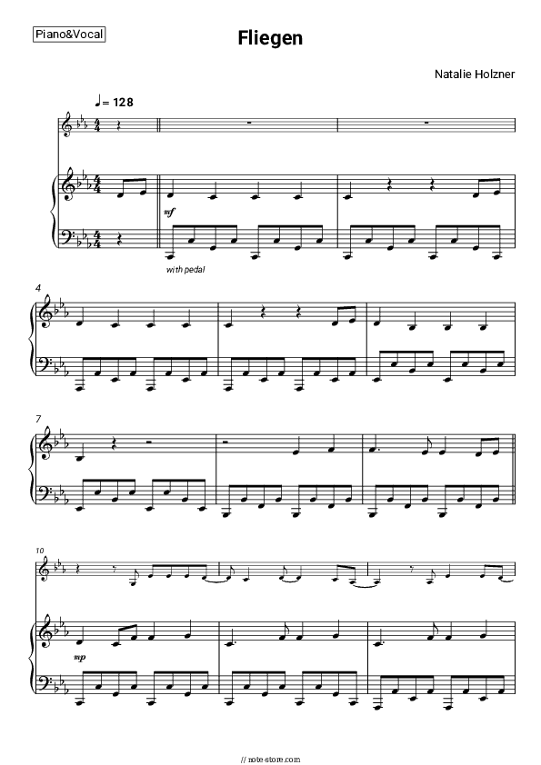 Fliegen - Natalie Holzner Piano Sheet Music with the Voice part - Piano&Vocal