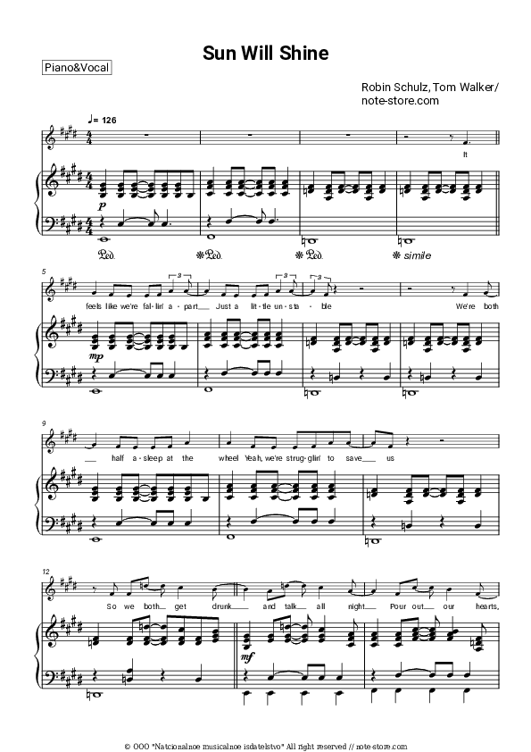 Sun Will Shine - Robin Schulz, Tom Walker Piano Sheet Music with the Voice part - Piano&Vocal