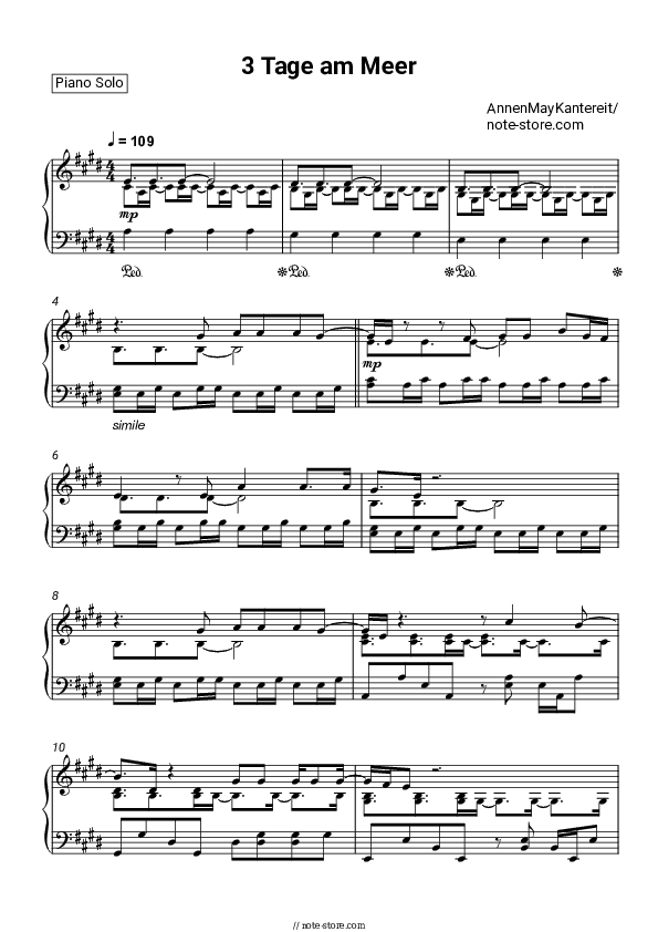 3 Tage am Meer - AnnenMayKantereit Piano Sheet Music - Piano.Solo