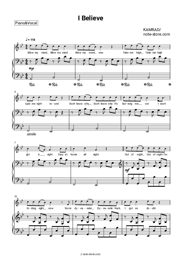 I Believe - KAMRAD Piano Sheet Music with the Voice part - Piano&Vocal