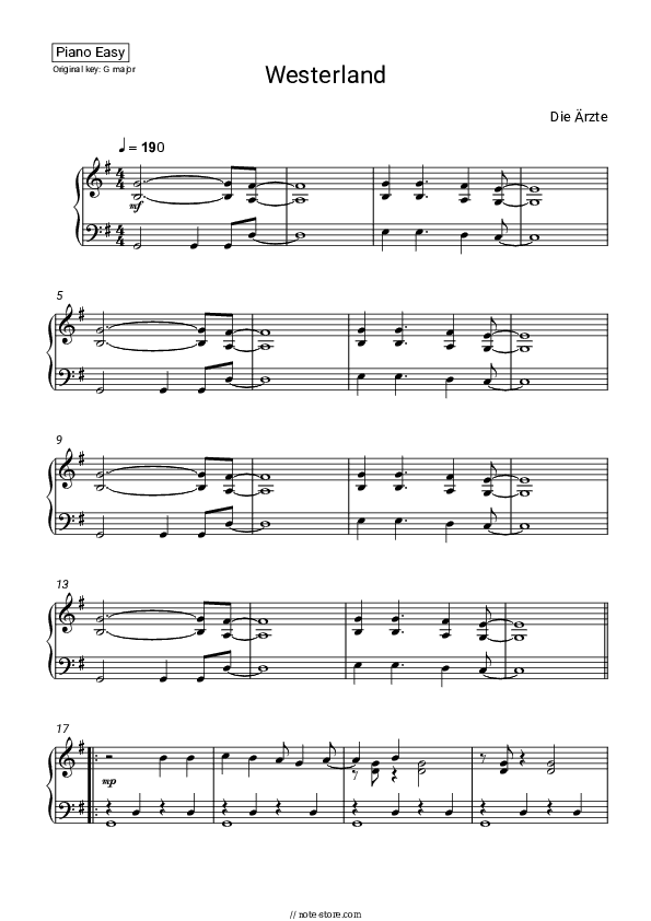 Westerland - Die Ärzte Piano Sheet Music Easy - Piano.Easy