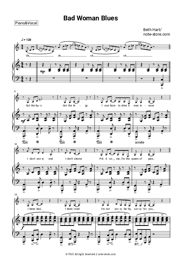 Bad Woman Blues - Beth Hart Piano Sheet Music with the Voice part - Piano&Vocal