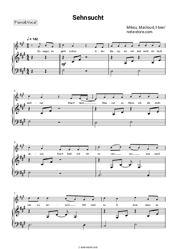 Sehnsucht - Miksu, Macloud, t-low Piano Sheet Music with the Voice part - Piano&Vocal