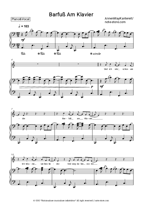 Barfuß Am Klavier - AnnenMayKantereit Piano Sheet Music with the Voice part - Piano&Vocal
