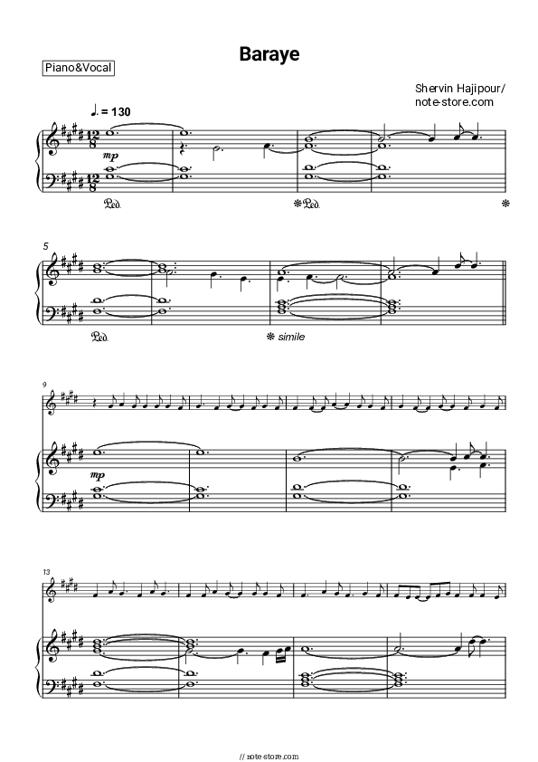 Baraye - Shervin Hajipour Piano Sheet Music with the Voice part - Piano&Vocal