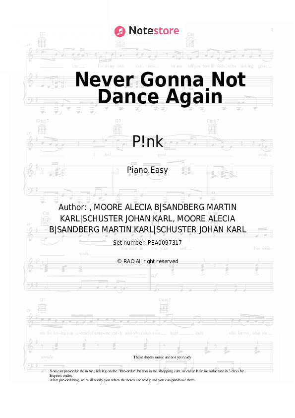 Never Gonna Not Dance Again - P!nk Piano Sheet Music Easy - Piano.Easy