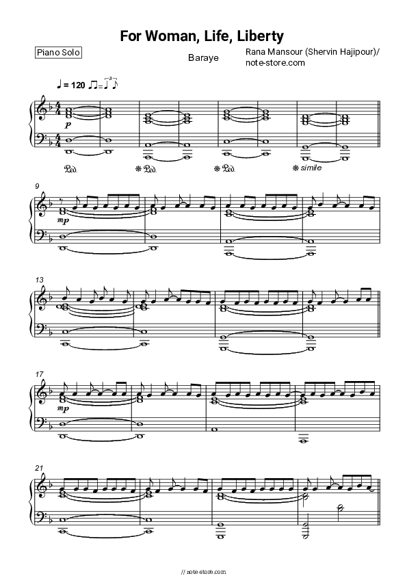 For Woman, Life, Liberty (Baraye) - Rana Mansour Piano Sheet Music - Piano.Solo