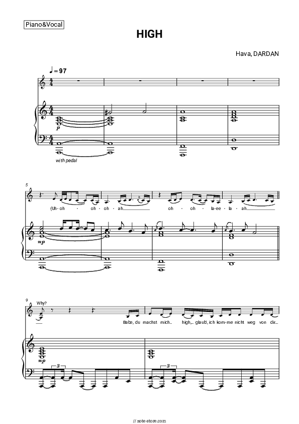 HIGH - Hava, DARDAN Piano Sheet Music with the Voice part - Piano&Vocal