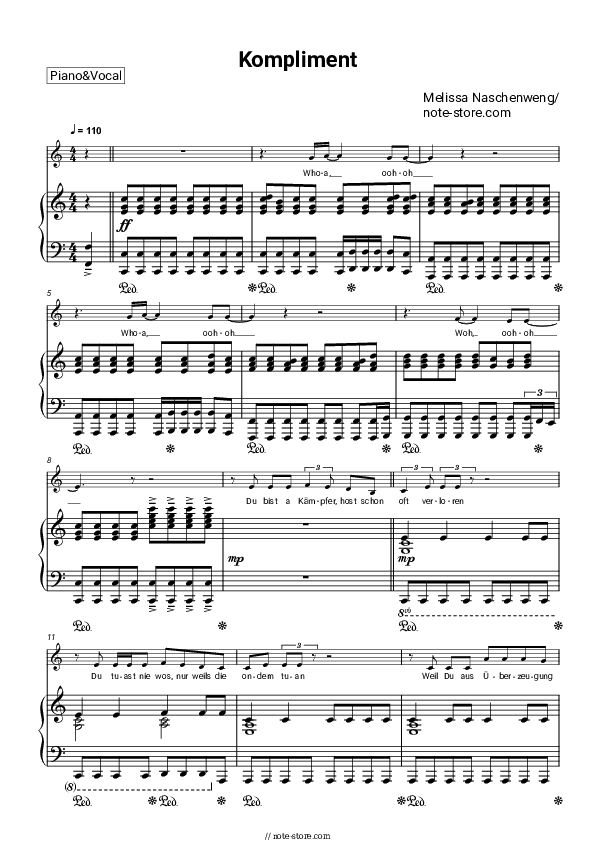 Kompliment - Melissa Naschenweng Piano Sheet Music with the Voice part - Piano&Vocal