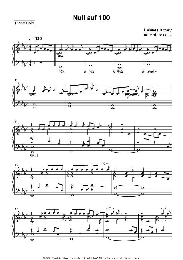 Null auf 100 - Helene Fischer Piano Sheet Music - Piano.Solo