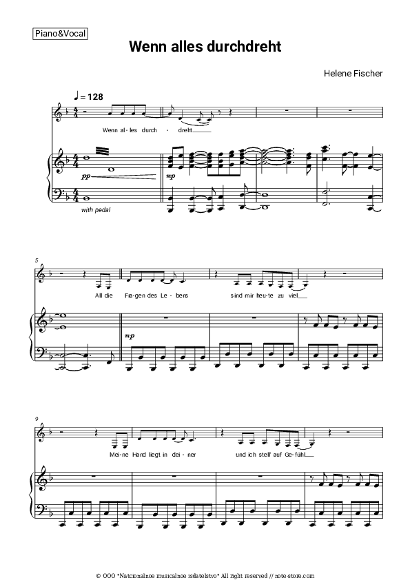 Wenn alles durchdreht - Helene Fischer Piano Sheet Music with the Voice part - Piano&Vocal