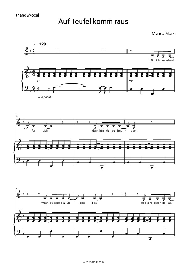 Auf Teufel komm raus - Marina Marx Piano Sheet Music with the Voice part - Piano&Vocal