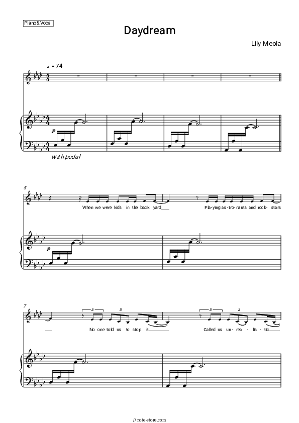 Daydream - Lily Meola Piano Sheet Music with the Voice part - Piano&Vocal