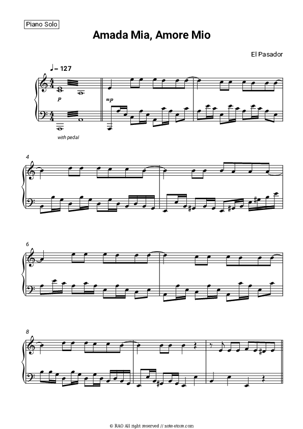 Amada Mia, Amore Mio - El Pasador Piano Sheet Music - Piano.Solo