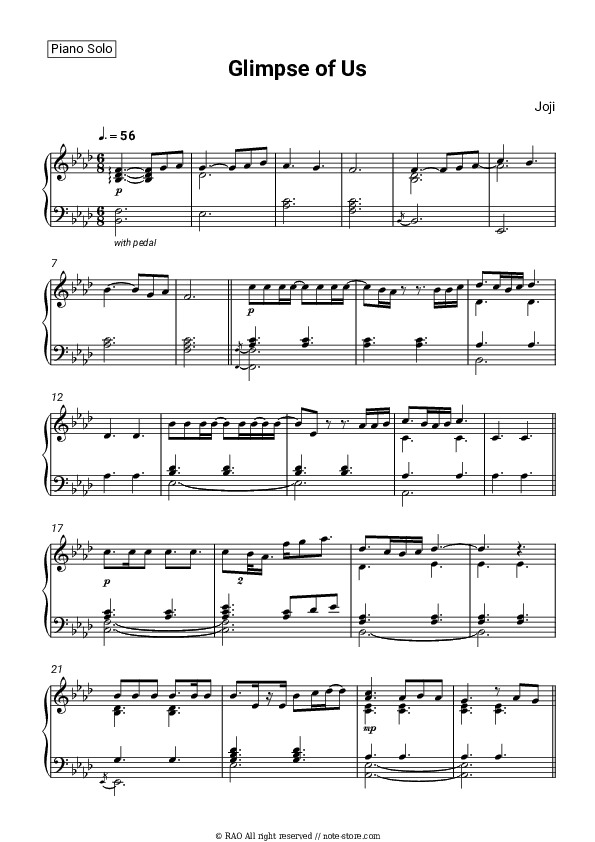 Glimpse of Us - Joji Piano Sheet Music - Piano.Solo