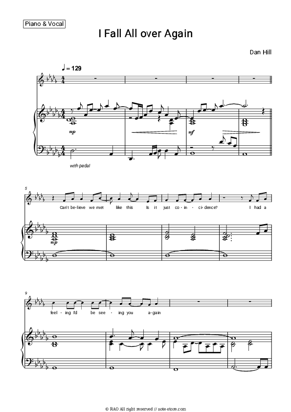 I Fall All over Again - Dan Hill Piano Sheet Music with the Voice part - Piano&Vocal