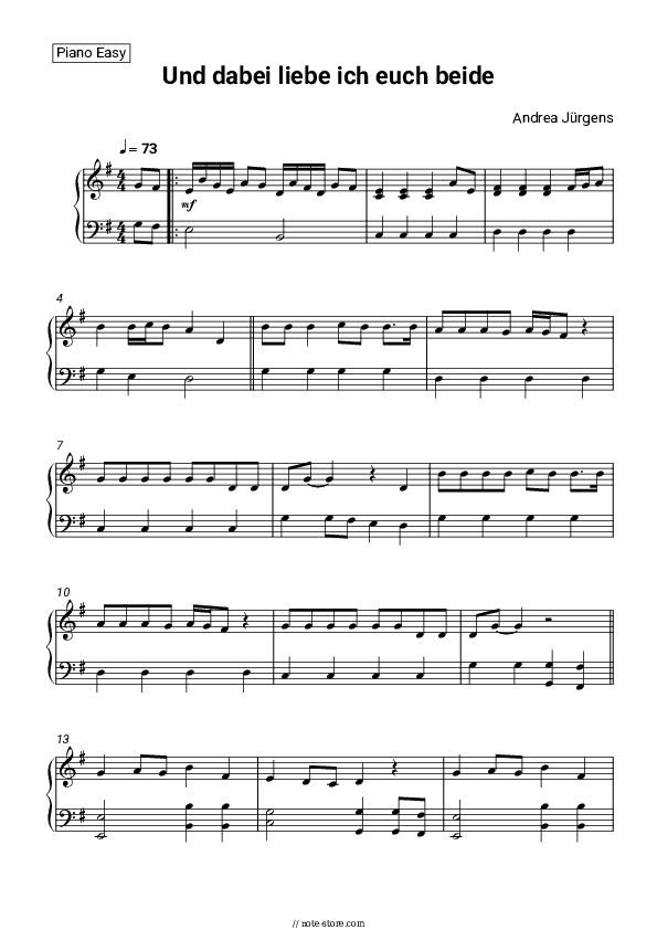 Und dabei liebe ich Euch beide - Andrea Jürgens Piano Sheet Music Easy - Piano.Easy